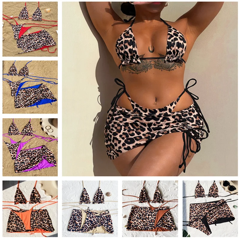 Reverzibilné plavky 2025 Nové letné 3KS Set leopard Žena plavky z hornej časti spodnej časti bikiny cover UPS Tong Biquinis Swiming Suit