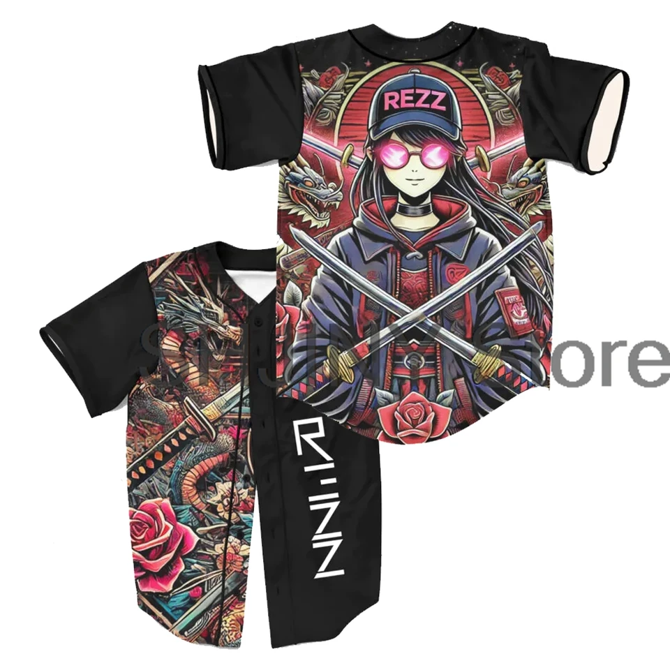 Rezz Rave Baseball Jersey for Edm Festival V-krk na krátky rukáv na gombíky-up košele ženy Men Men streetwear topy