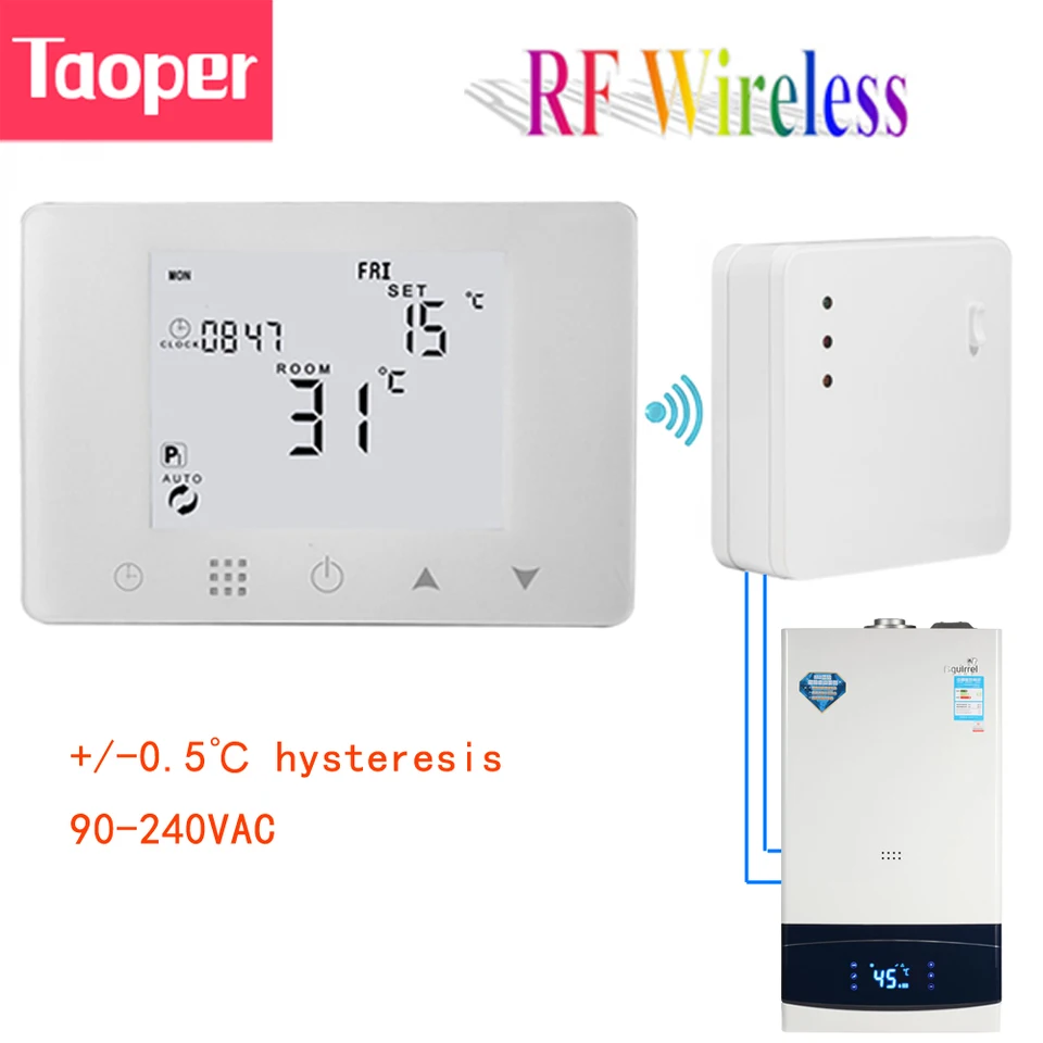 RF Wireless Room Termostat pre stenu prikláňajúci plynový kotlový kúrenie inteligentný programovateľný regulátor teploty 230V 110V