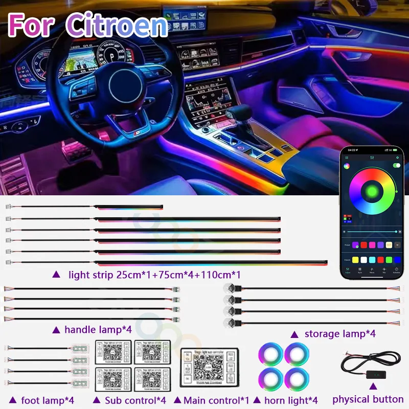 RGB 22in1 Interiér automobilu Akrylové autokonálne svetlá pre Citroen C4 C3 C5 C6 C1 Juby VTS Picasso Berlingo C2 C8