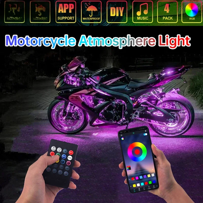 RGB App LED motocyklová auto atmosféra nohy svetlo diaľkové ovládanie Flexibilné vodotesné zvukové ovládanie 12V dekoratívne lampy Moto Decanrative Lamp Strip