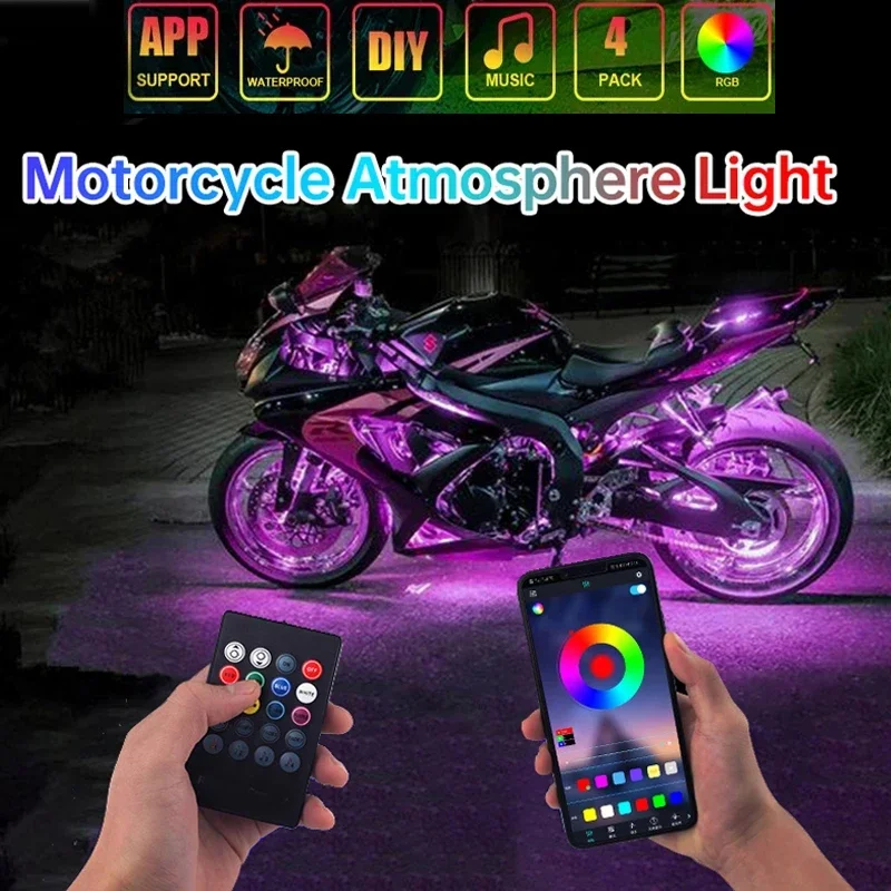RGB App LED motocyklová auto atmosféra nohy svetlo diaľkové ovládanie Flexibilné vodotesné zvukové ovládanie 12V dekoratívne lampy Moto Decanrative Lamp Strip