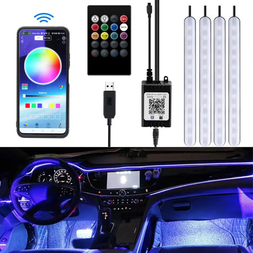 RGB Car Atmosféra Light Strip 48 LED bezdrôtová aplikácia Hudba Zvuk diaľkové ovládanie automatické interiérové ​​dekorácie Foot Lamp