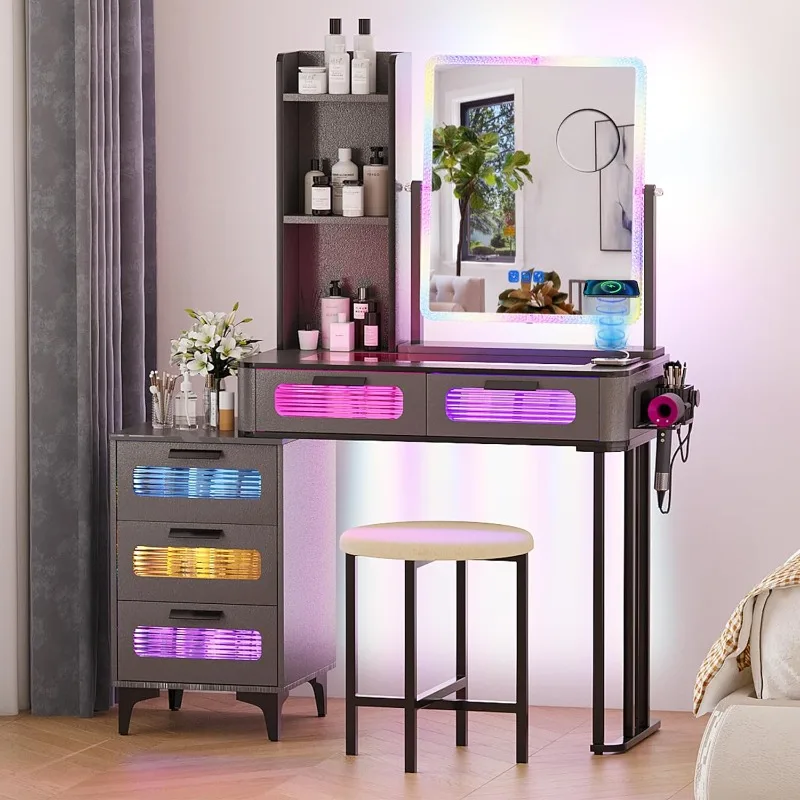 RGB Make -up márnosť s bezdrôtovou nabíjacou stanicou, 7 Dynamic & 7 Static Stlmmable Vanity Desk s otočným zrkadlom a svetlami