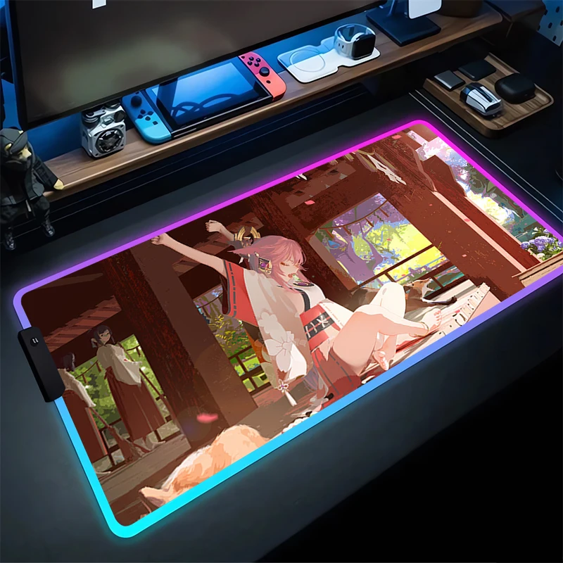 RGB Mouse Pad Yae Miko Non-Slip Gum Gume Edge Locking MousePads Hra Play Mats Notebook Počítač G-Genshin Impact Home Decor Decor