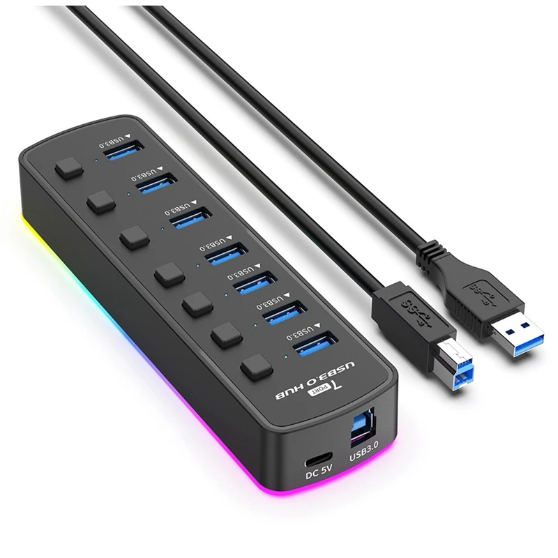RGB USB 3.0 Hub 7 Ports USB Port Adapter 5 Gbps Individuálne zapínač/vypnutie Splitter Gaming USB Hub pre počítač s prenosným počítačom