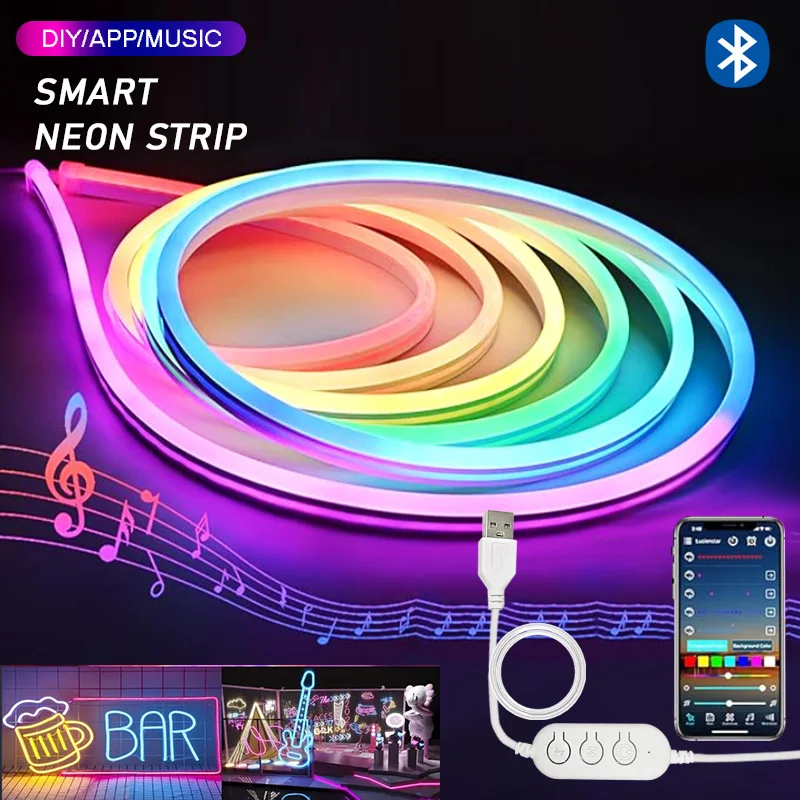 RGBIC NEON LED LIGH Lights 5V Flexibilné LED lano Light Aplikácia s hudbou synchronizáciou DIY DreamColor Chasing Strip pre domáce dekorácie osvetlenie