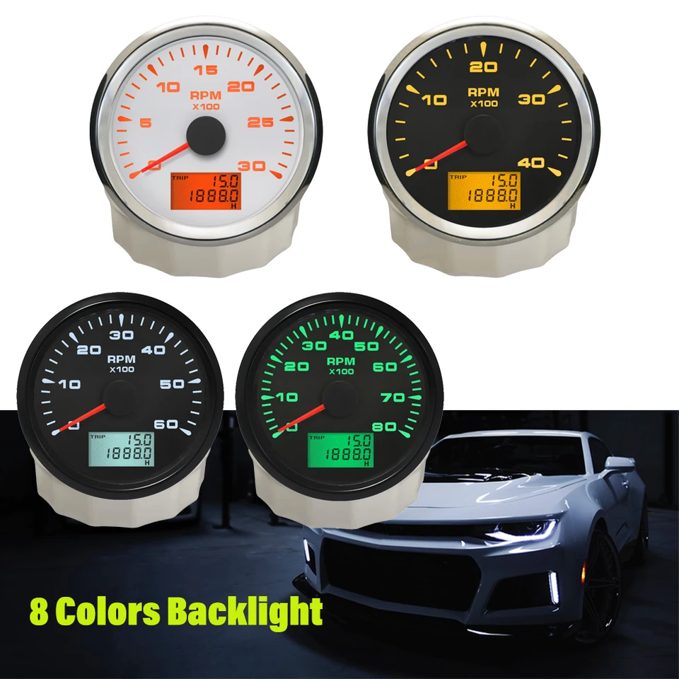 Rhaxel Waterproof 85 mm 3K 4K 6K 8K Tachometer Gauge pre automobilové jachty Universal s 8 farbami podsvietenia 12V 24V