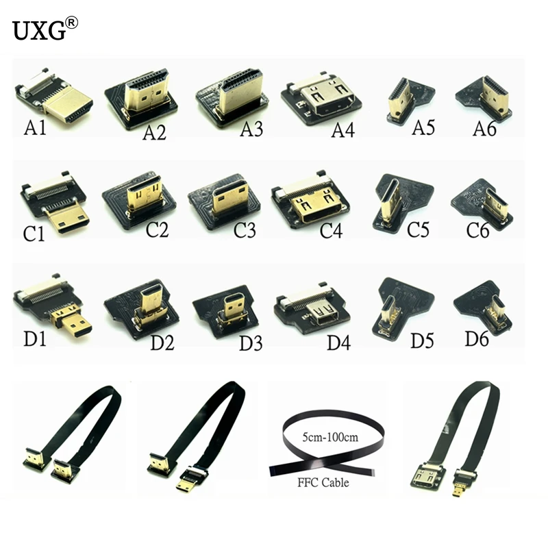 Riadka plochý FPV HDMI kompatibilný konektor Flexibilný kábel Raspberry Pi 4 Micro HD až HD/Mini -Kompatibilný žien 90 stupňov FFC 20P