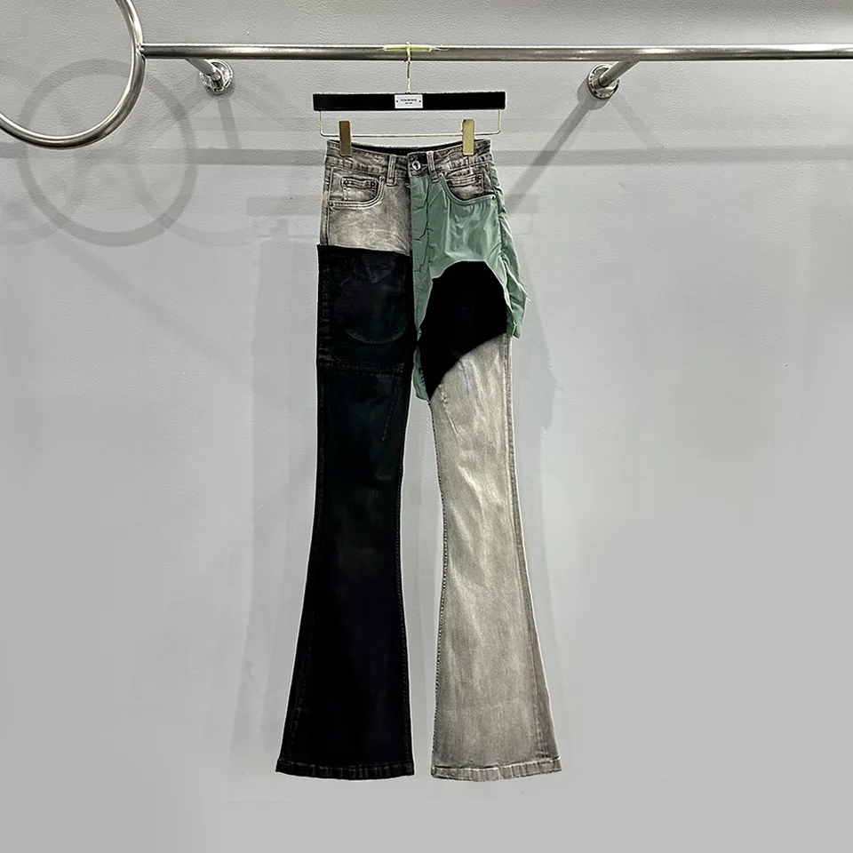 Rick Bell-Bottom Women Streetwear Patchwork Jeans High Street Príležitostné nohavice retro štíhle nohavice Temný štýl punk ro-tepláky