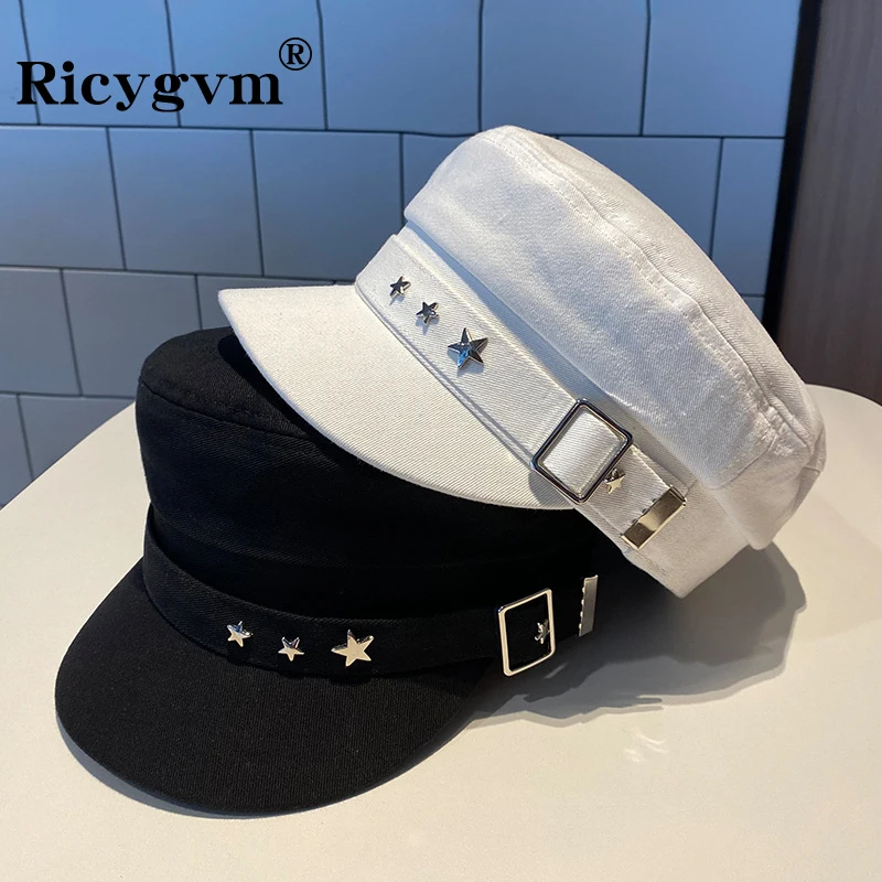 Ricygvm punk nit nit Pentagram bejets retro novinárov klobúk pevná farba plochá osemhranná klobúk hip hop kapota žien maliar maliar