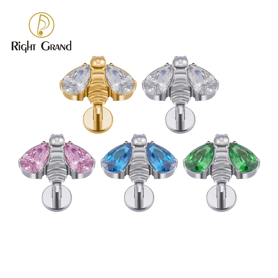 Right Grand ASTM F136 Titanium Insect Bee with CZ Wings Labret Cartilage Flat Back Earring Helix Tragus Conch Piercing