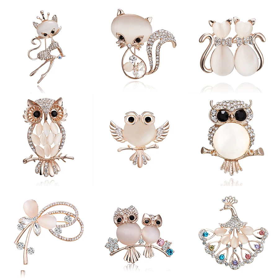 Rinhoo elegantný kryštál kamienok s motýľmi mačka sov Owl Opal Stone Animal Animal Brošes pre ženy