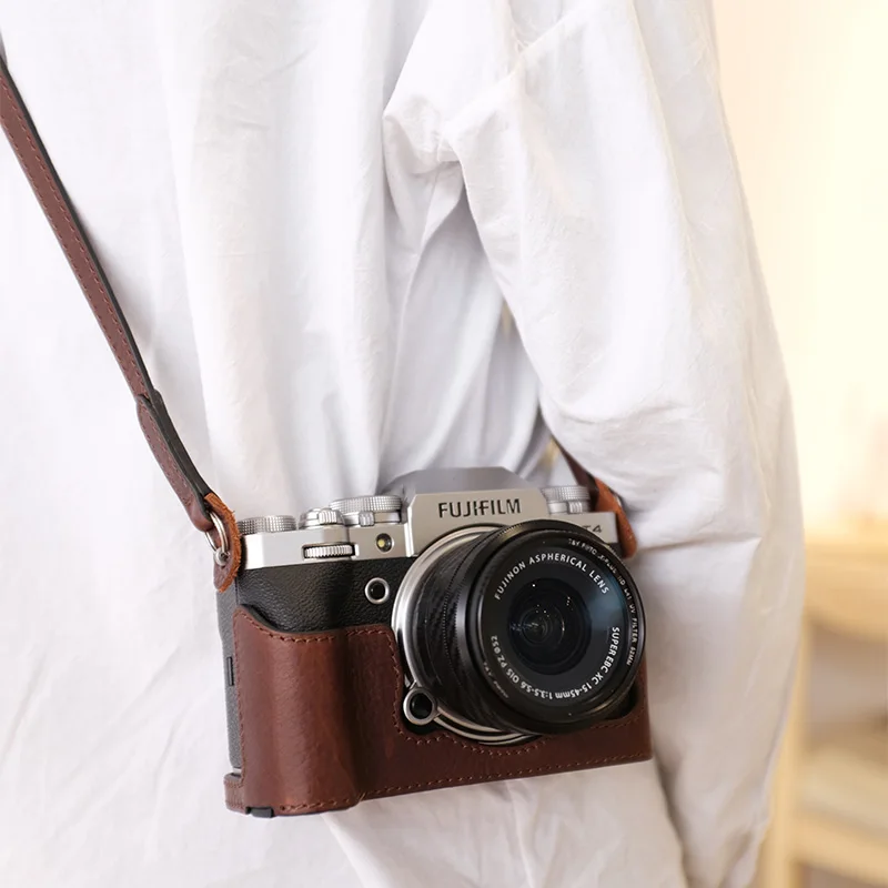 Roadfisher Vintage Skutočná kožená kožená taška na kameru Ochrané puzdro krycí pásový pásový remienok pre Fuji fujifilm XT5 X-T5 XT4 X-T4