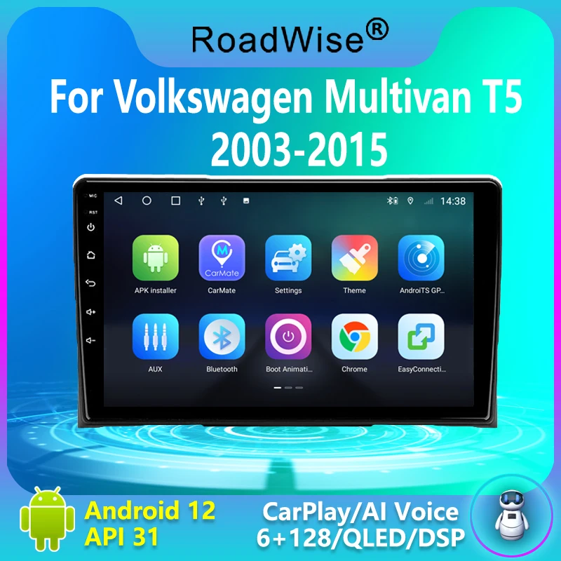 Roadwise 2 Din Android Car Radio Multimedia pre VW Volkswagen Multivan T5 2003 - 2015 CarPlay 4G WiFi GPS DSP DVD 2DIN Autoradio