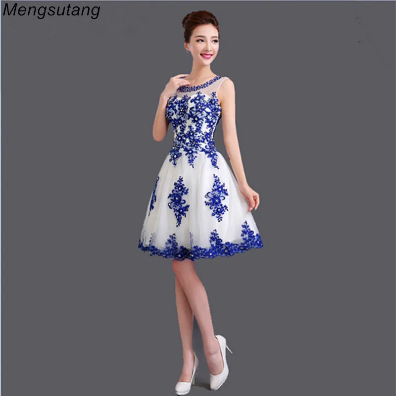 Robe de Soiree Short Lace Up U golier modrý a biely porcelán modrá svadobná šaty Vestido de festa ples šaty prispôsobené