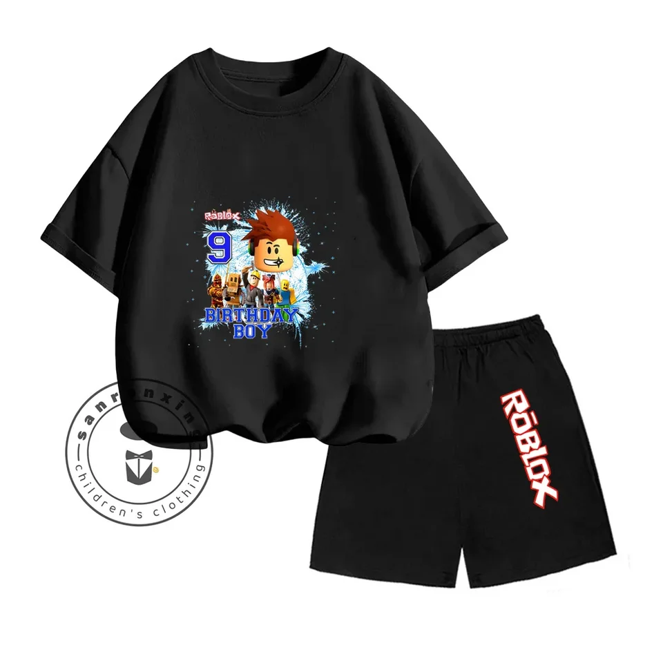 Roblox Cartoon Print Design Loose Version O-Neck Unikátny krátky rukáv + Športový štýl Pohodlné šortky Detská dvojdielna súprava