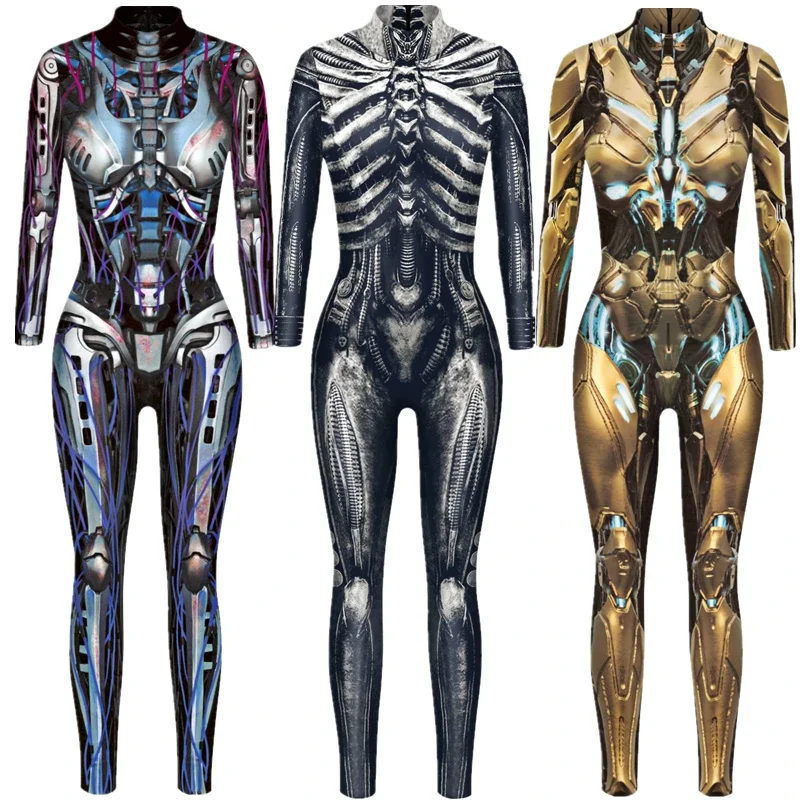 Robot punk kostra cyberpunk steampunk sexy štíhle kombinézy Catsuit Cosplay kostýmy Zentai ženy Bodysuit Fancy Dress Halloween