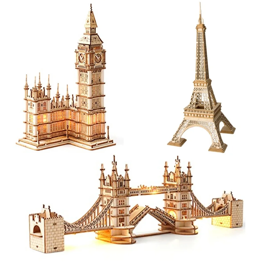 Robotime 3D Puzzle Drevené súpravy DIY Tower Bridge Big Ben Set Eiffel Tower Model Model Domov Domovodarné darčeky