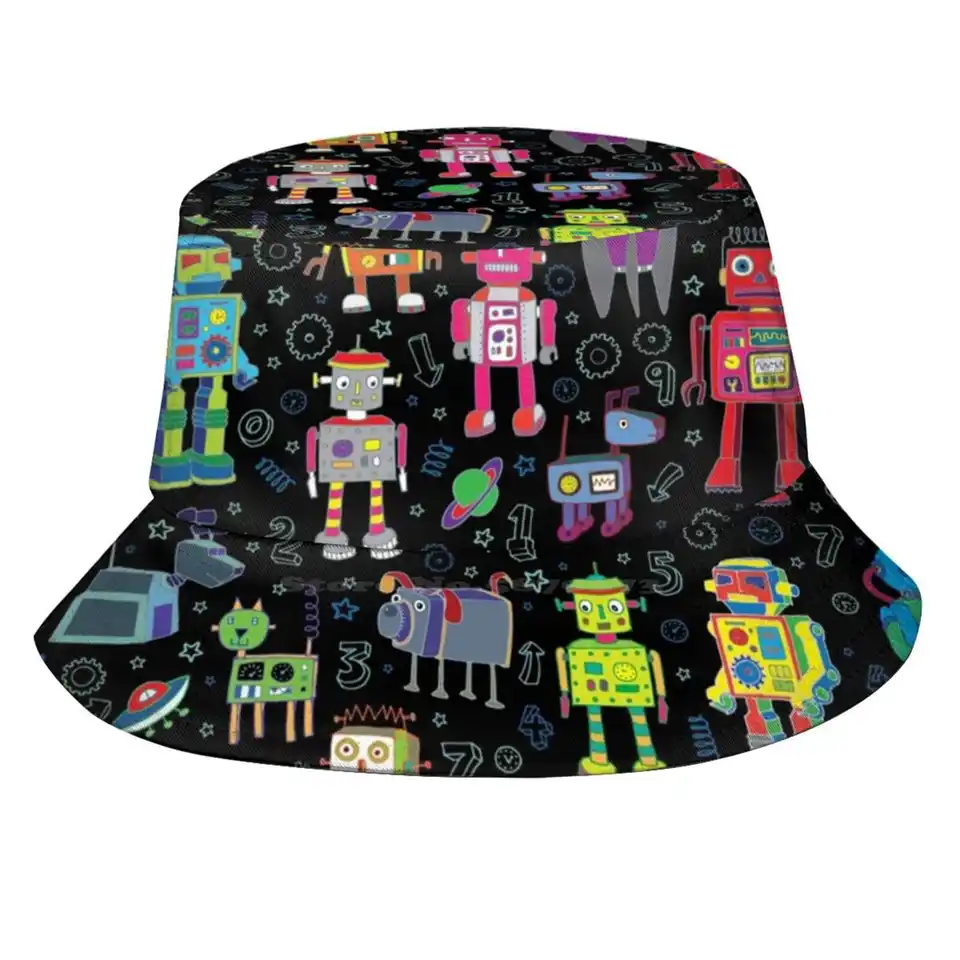 Roboty vo vesmíre - čierny - zábavný vzor Cecca Designs Sun Cap Rybetový klobúk vedro klobúky vesmírne roboty Androids Spaceship Sci Fi