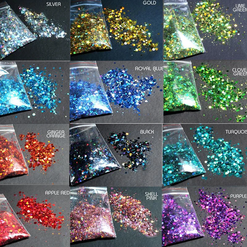 Robustné farby Hromadné trblietky 50grafie 24 farieb Polyester holografické holografické holografické trblietavé nechtové flitre trblietavé vločky Mix -#