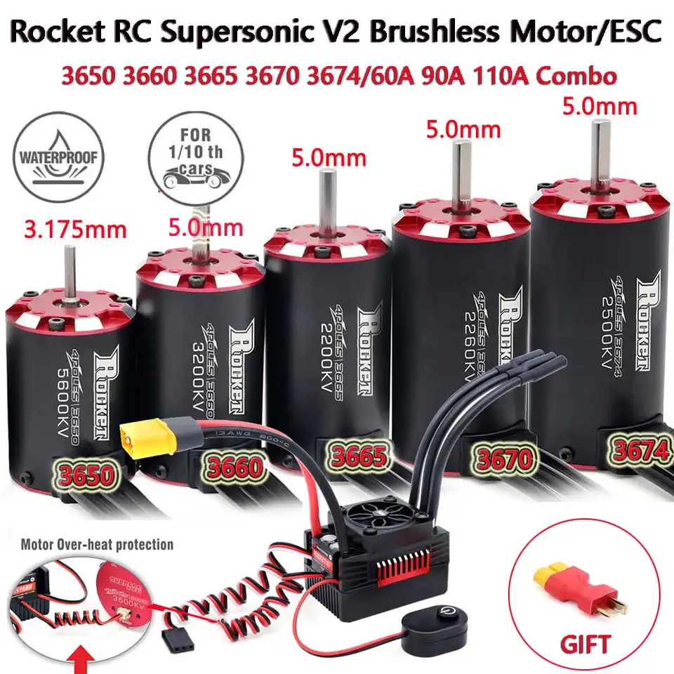 Rocket RC Supersononic V2 3650 3660 3665 3670 3674 Motor bez kefy s senzorom s teplotou s 60A/90A/110A ESC Combo pre 1/8 1/10 RC CAR