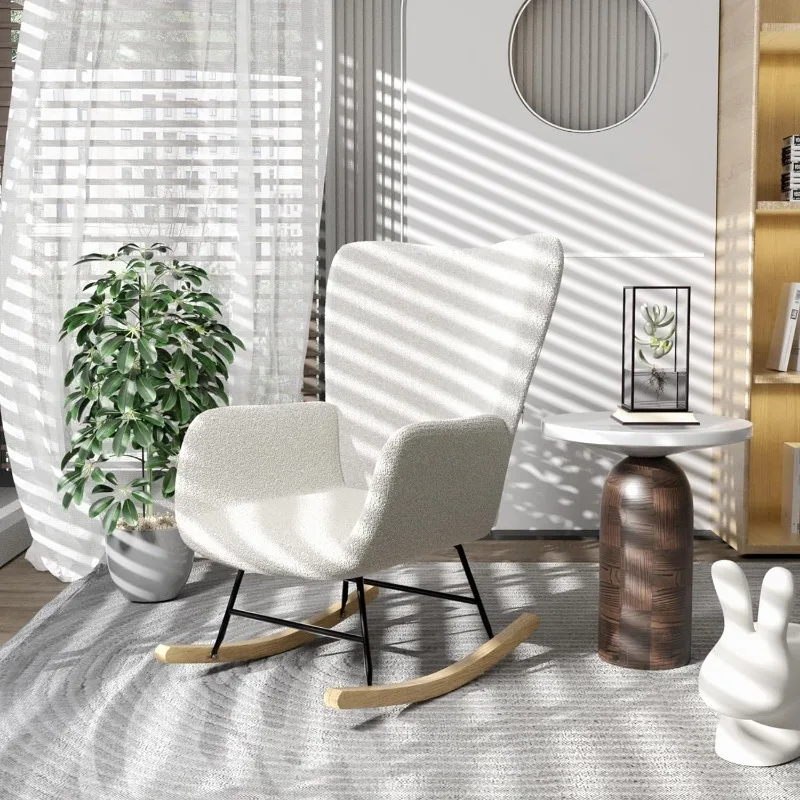 Rocking Chair, Modern Upholstered Teddy Fabric Nursery Glider with Padded Seat, High Backrest, Armchair and Pocket for Living