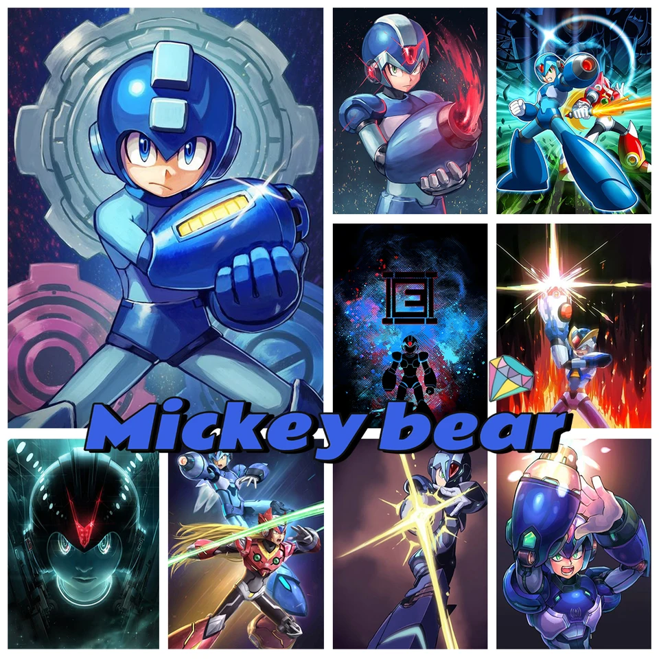 Rockman 5D Diamond Painting Kit Mega Man Classic Game Plagáty DIY Diamond výšivok krížový steh ručne vyrábaný darček domáca stena dekor
