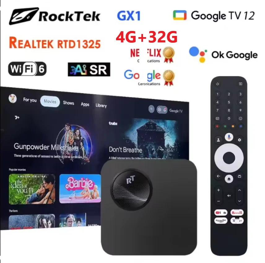 Rocktek GX1 Uhd Google TV 12 Netfix CertificAdo Realtek1325 4 GB 32 GB D0By Atm0s Vision 2T2R Android vs G2