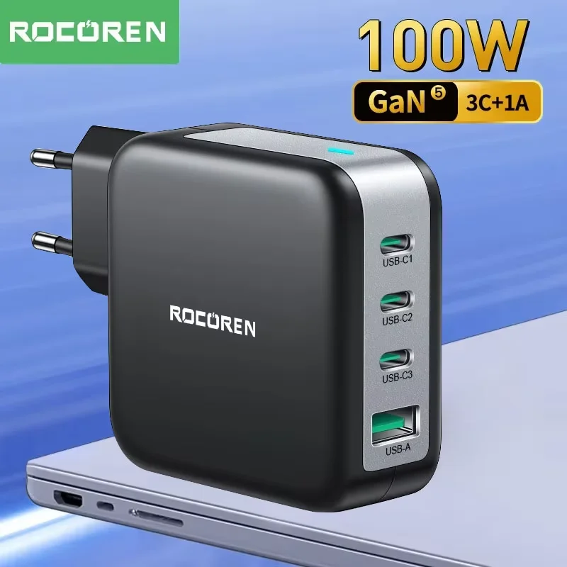 Rocoren 100W Gan Charger PD QC 4.0 3.0 USB Typ C Phone Nabíjačka typu C Rýchly poplatok pre iPhone 16 Pro Max MacBook Air Xiaomi 14