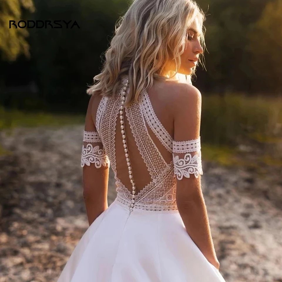 Roddrsya české svadobné šaty pre ženy A-line boho čipky odnímateľné rukávy Saténové svadobné šaty perly robe de mariée prispôsobené