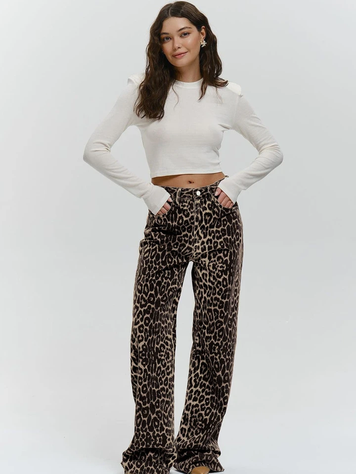 Rodindies Ženy retro leopardové vzorové nohavice Streetwear Ženy uvoľnite nízky pás 100% bavlnená neformálne nohavice na celej dĺžke široké nohavice