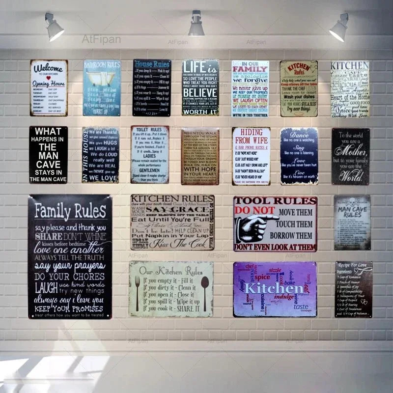 Rodinné pravidlá Shabby Chic Tin Signs Vintage Kitchen Tool Rule Pravidlá kovové dosky nástenný bar Domov Man Cave Decor XCM