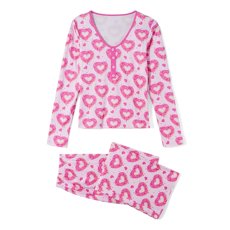 Rodinné pyžamy zodpovedajúca súprava Valentínsky deň srdca tlač s dlhým rukávom a elastické nohavice Loungewear Soft Sleewear