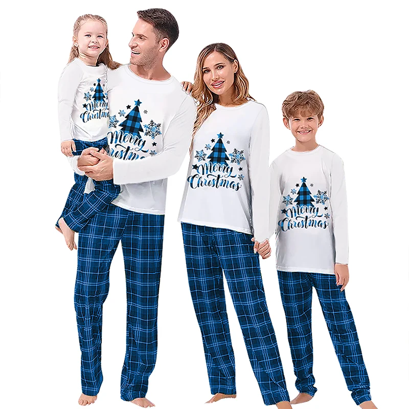 Rodinné vianočné pyžamy, vianočný stromček a písmeno Tlač s dlhými rukávmi + Plaid Tousers Sleepwear Outfits