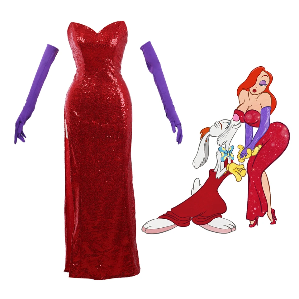 Roger Rabbit Jessica Cosplay Red Dress Jessica Sexy High Split Flifred Flifred Dress s fialovými rukavicami Set Halloween Outfits