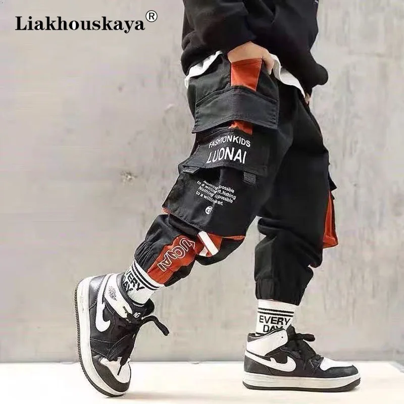 Roggers Nákladné nohavice pre chlapcov pre dospievajúci chlapec Multipocking Pocket Nohavice Kids Spring Casual Sweatpants for Chidrs oblečenie 110-160 cm