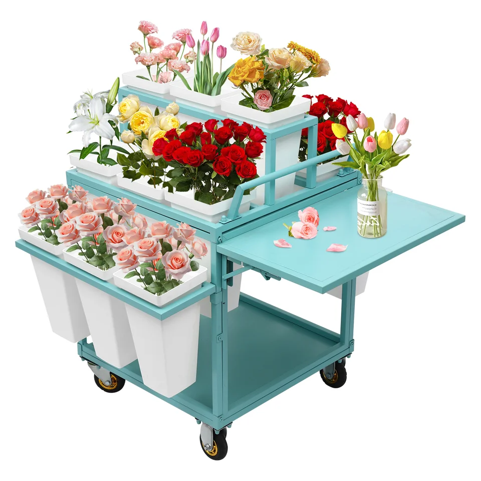 Rolling Flower Display Rack, kvetinový vozík viacvrstvový rebrík hnuteľný kvetinový obchod so stojanom s 18 štvorcovými vedierkami