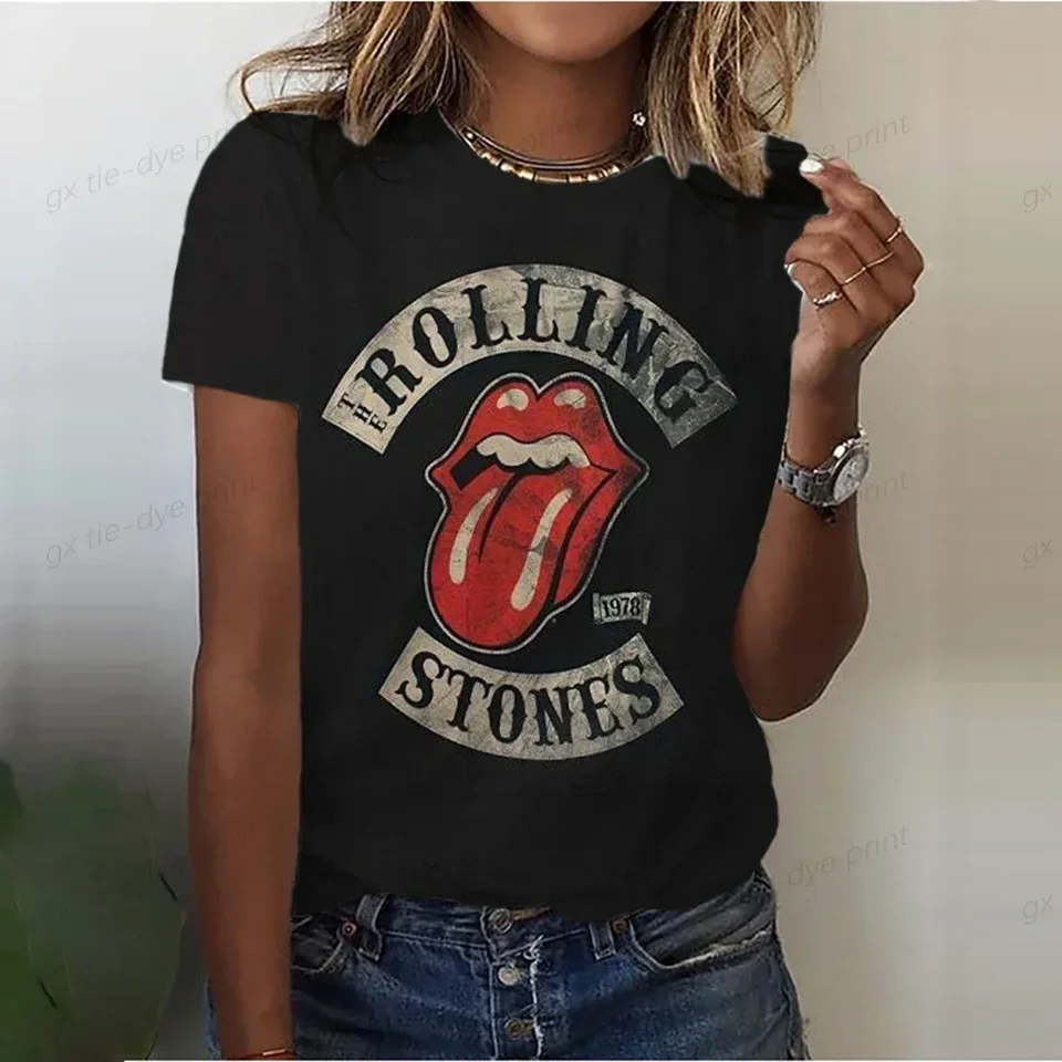 Rollno Stones červené pery letné dámske móda sexy tlač harajuku t košele módne letné leto Nový okrúhly krk tlačený krátky rukáv t