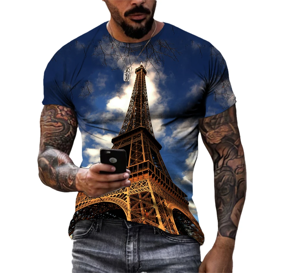 Romantické Francúzsko Eiffel Tower Arc de Triomphe Pamätné tričko HD 3D tlač Osobnosť Osobnosť okrúhly krk krátke rukávy vrcholy