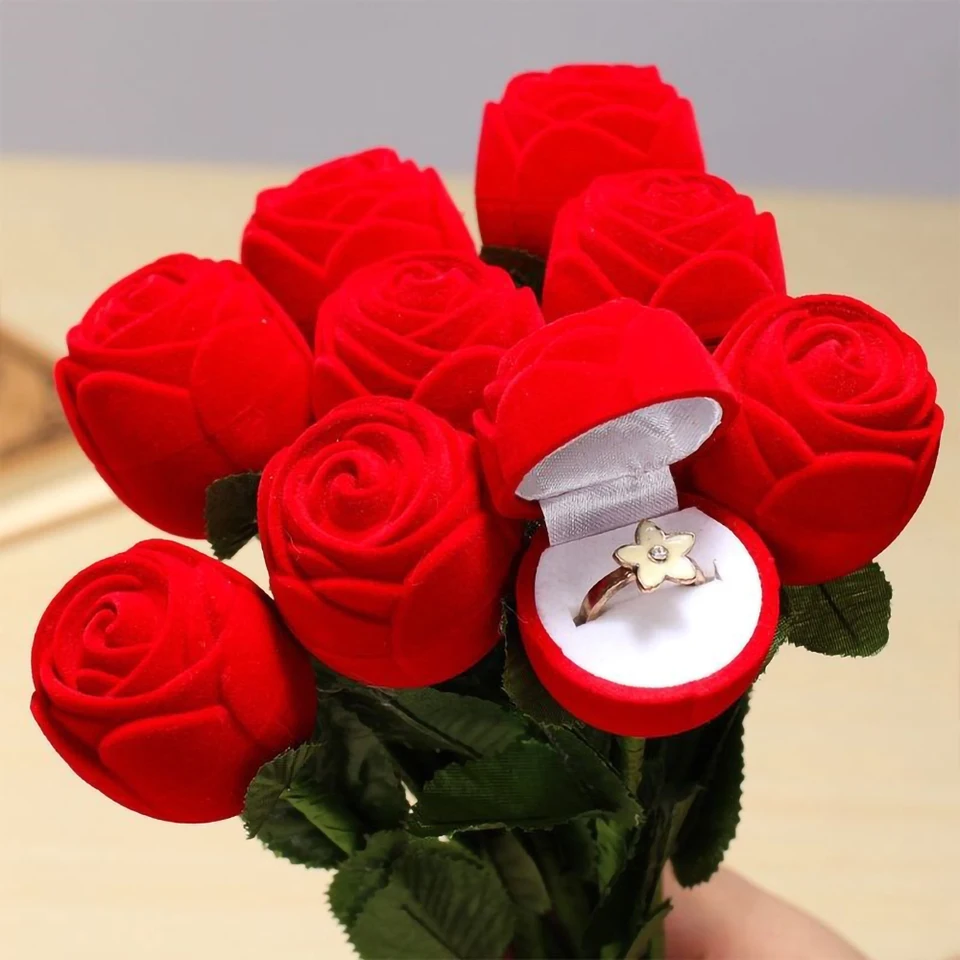 Romantický ružový prsteň krabica umelý kvet flanelette Red Rose Jewelry Display Storage Box pre svadobných hostí miluje romantický darček