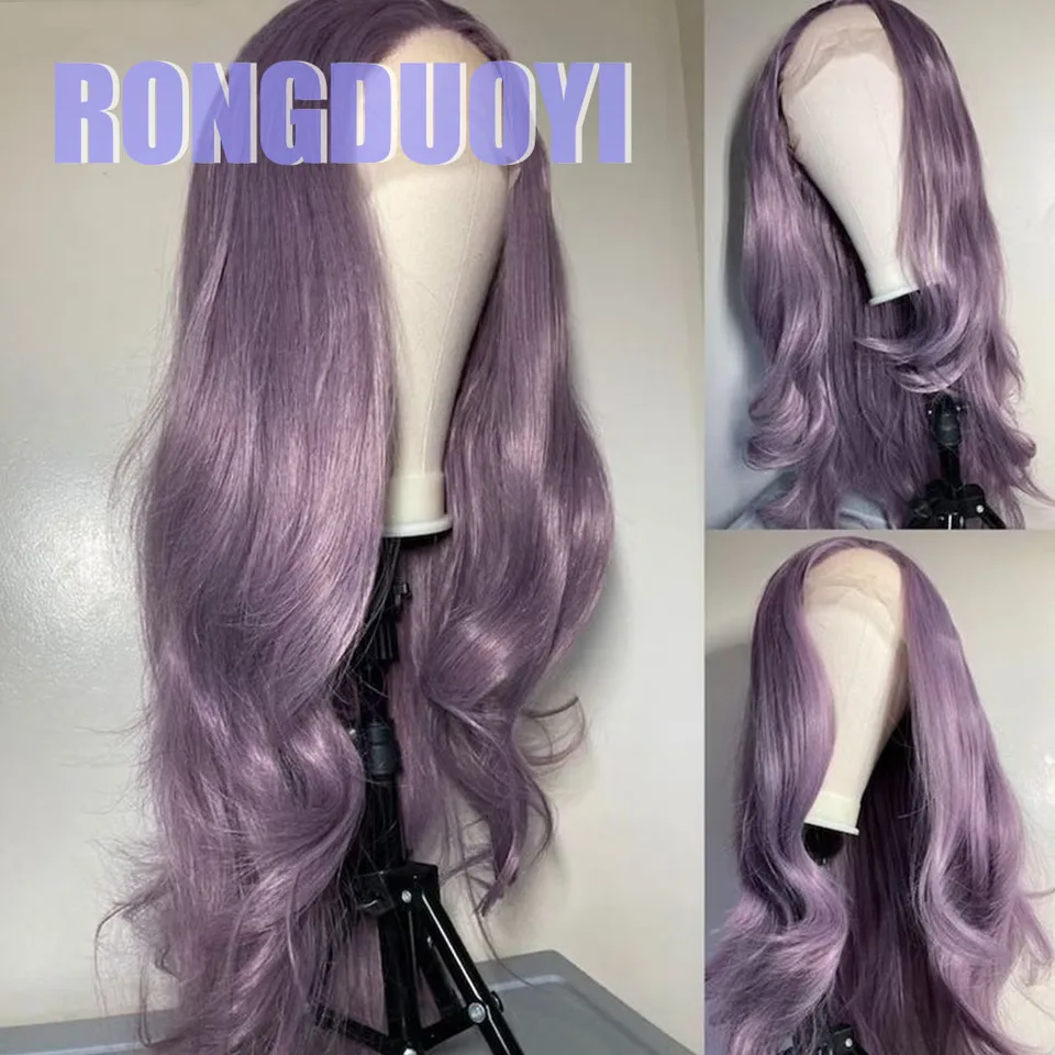 Rongduoyi popol Purpurová prírodná vlnová čipka predná parochňa pre ženy Cosplay make -up Používa fialové vlasy Tepelné vlákno Syntetické parochne
