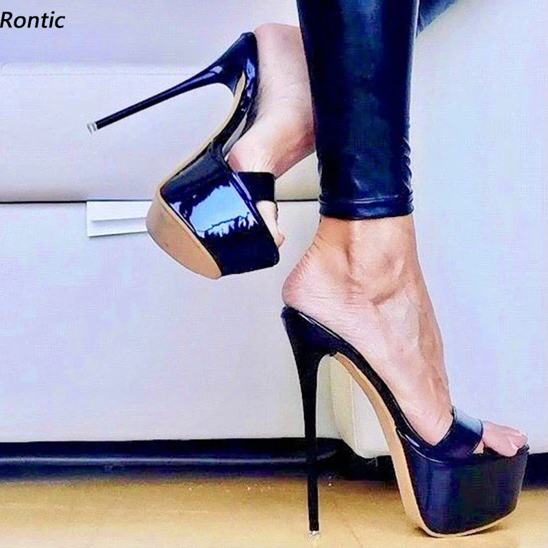 Rontic nový príchod dámsky platforma sandále Patentské kožené sexy päty päty otvorené špičky elegantné čierne šaty topánky Veľkosť 34 45 47 52