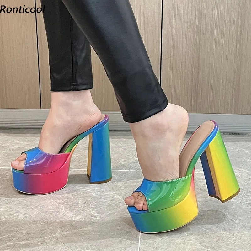 Ronticool ručne vyrábané ženy letné sandále Chunky vysoké podpätky Peep Toe Pretty Multi Color Party Shoes Dámsky