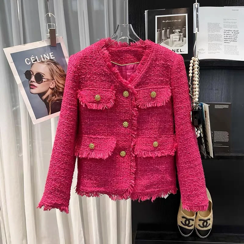 Rose Red Tweed Raw Edge 2025 Nový jednradový zlatý spona Tassel Temperament Moderná a elegantná bunda pre dámy