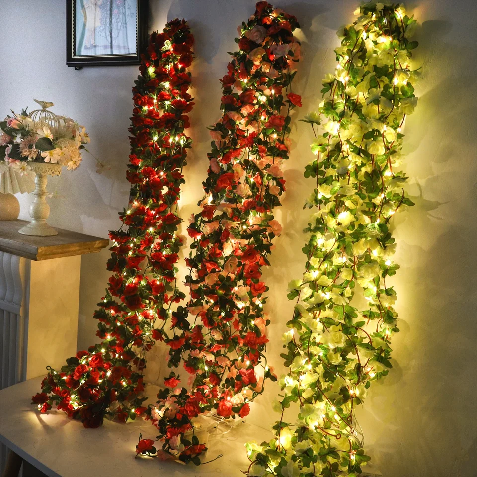 Rose String Lights Artificial Flowers Ivy Listy LED rozprávkové svetlá Svadobné girlandské domáce dekorácie oblúk visiace nástenné záhradné dekorácie
