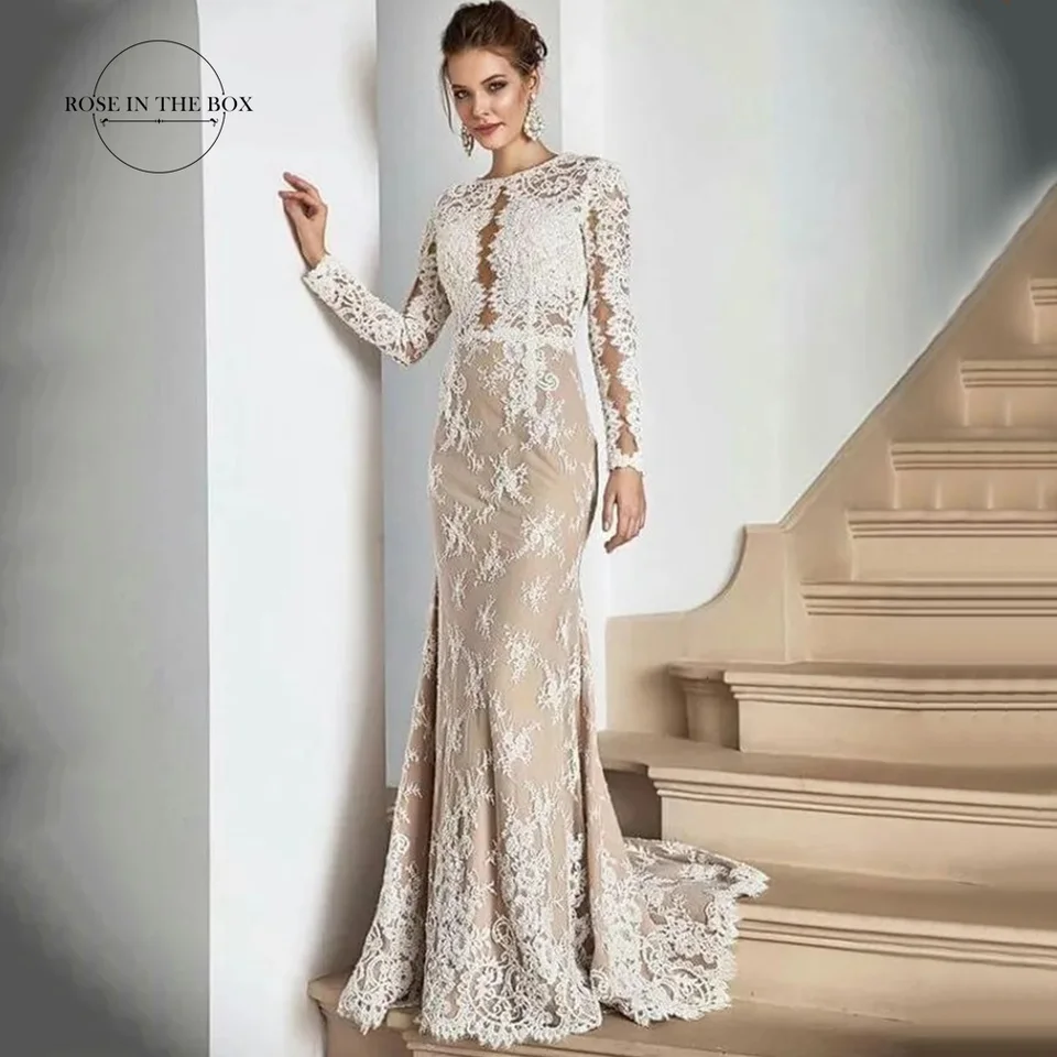 Rose v krabici Elegantné svadobné šaty čipky s dlhými rukávmi morská panna Vestidos de Novia Prispôsobené šampanské svadobné šaty pre nevestu