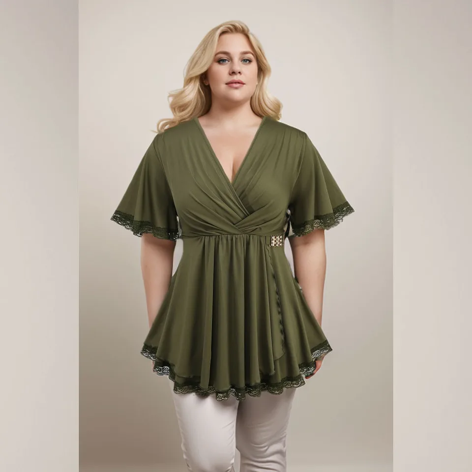 Rosegal Plus veľkosť pracky Lace Tink Ruched Tričko Zelené voláre Asymetrické odpaliská Dámske nové neformálne vrcholy V