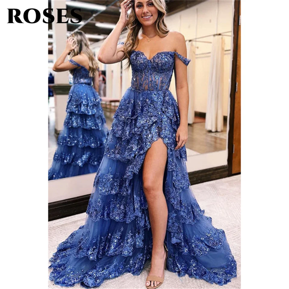 Roses A-line Elegantné sexy svadobné šaty zo šaty z ramien celebrity Šaty čipky špeciálne príležitosti šaty so štrbinami