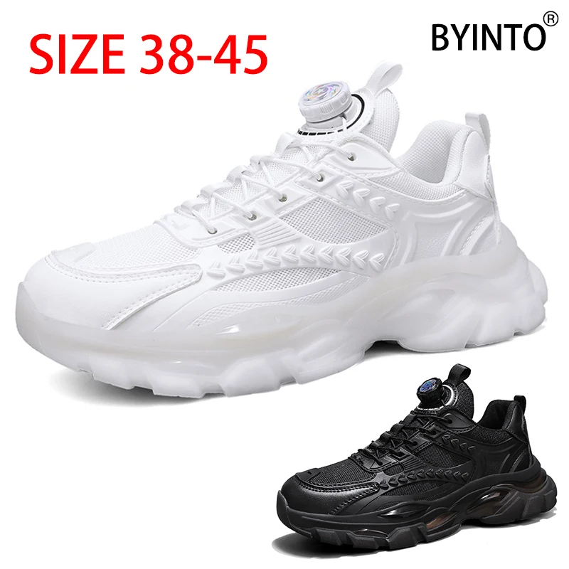 Rotary Buckle Men Športové tenisové topánky biele priedušné sieťoviny módne chunky podošvy jogging chôdza obuv tenis maskulino